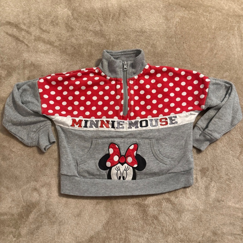 Disney Minnie Mouse Kids XS Gray Red Polka Dot Half Zip Sweatshirt Disney World